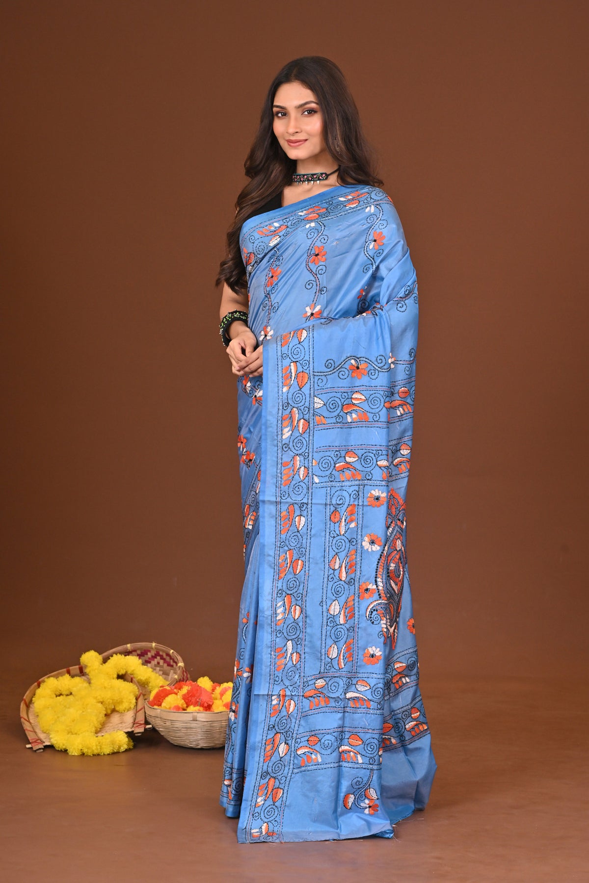Akashini Blended Silk Kantha Stitch Saree Blue