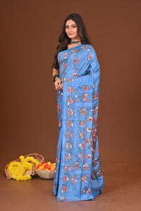 Akashini Blended Silk Kantha Stitch Saree Blue