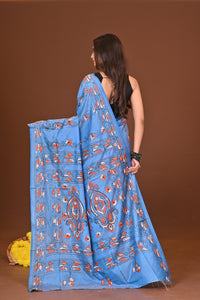 Akashini Blended Silk Kantha Stitch Saree Blue