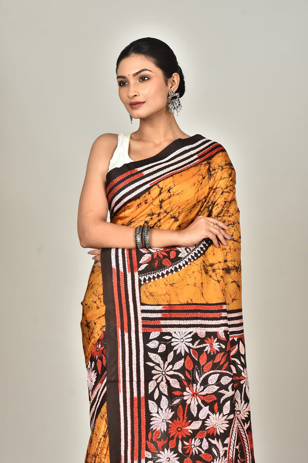BANGALORE SILK BATIK KANTHA SAREE