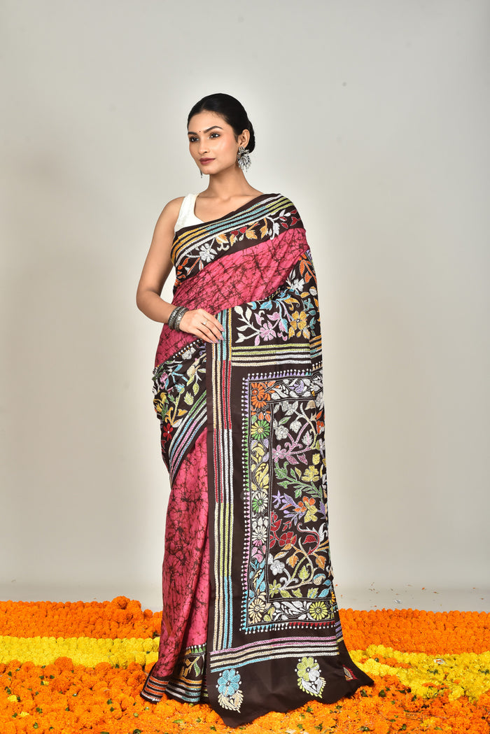 BANGALORE SILK BATIK KANTHA SAREE