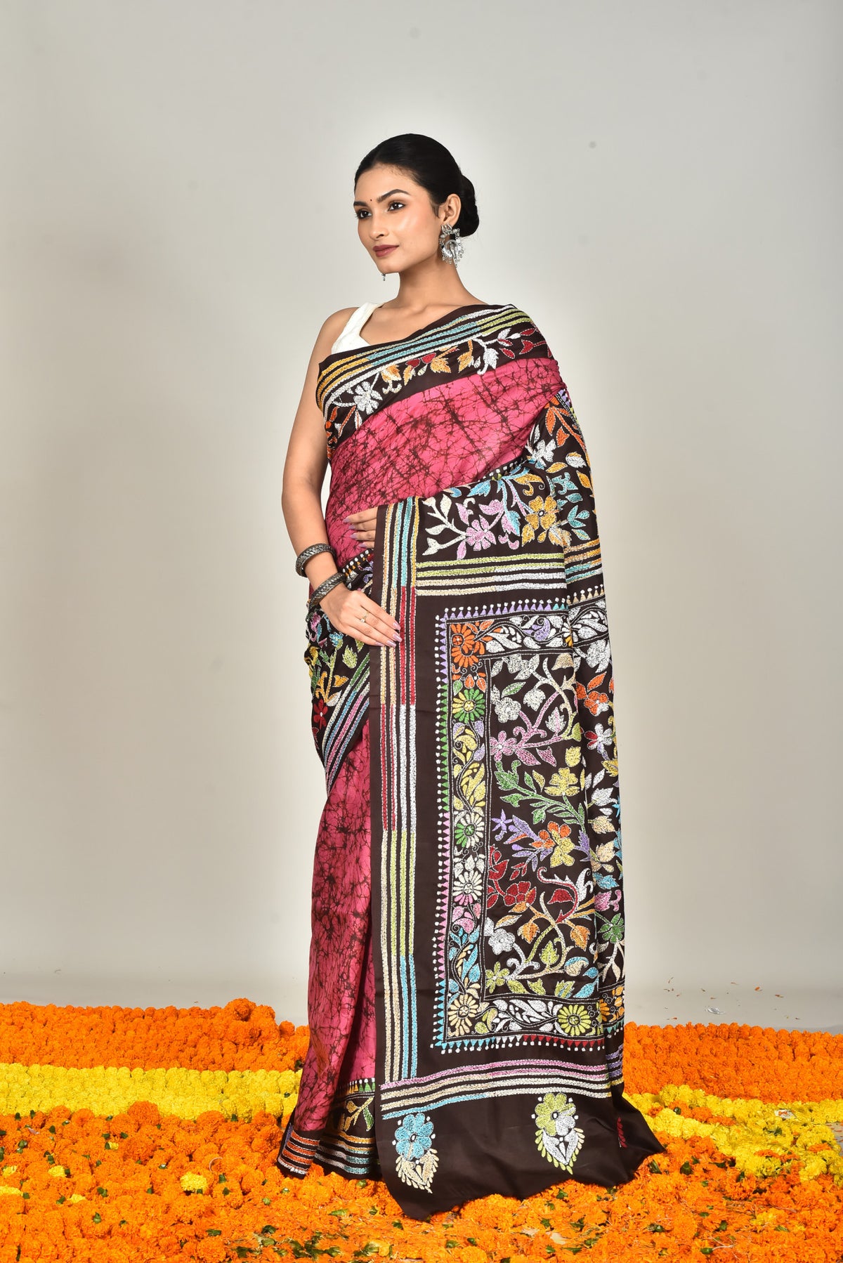 BANGALORE SILK BATIK KANTHA SAREE