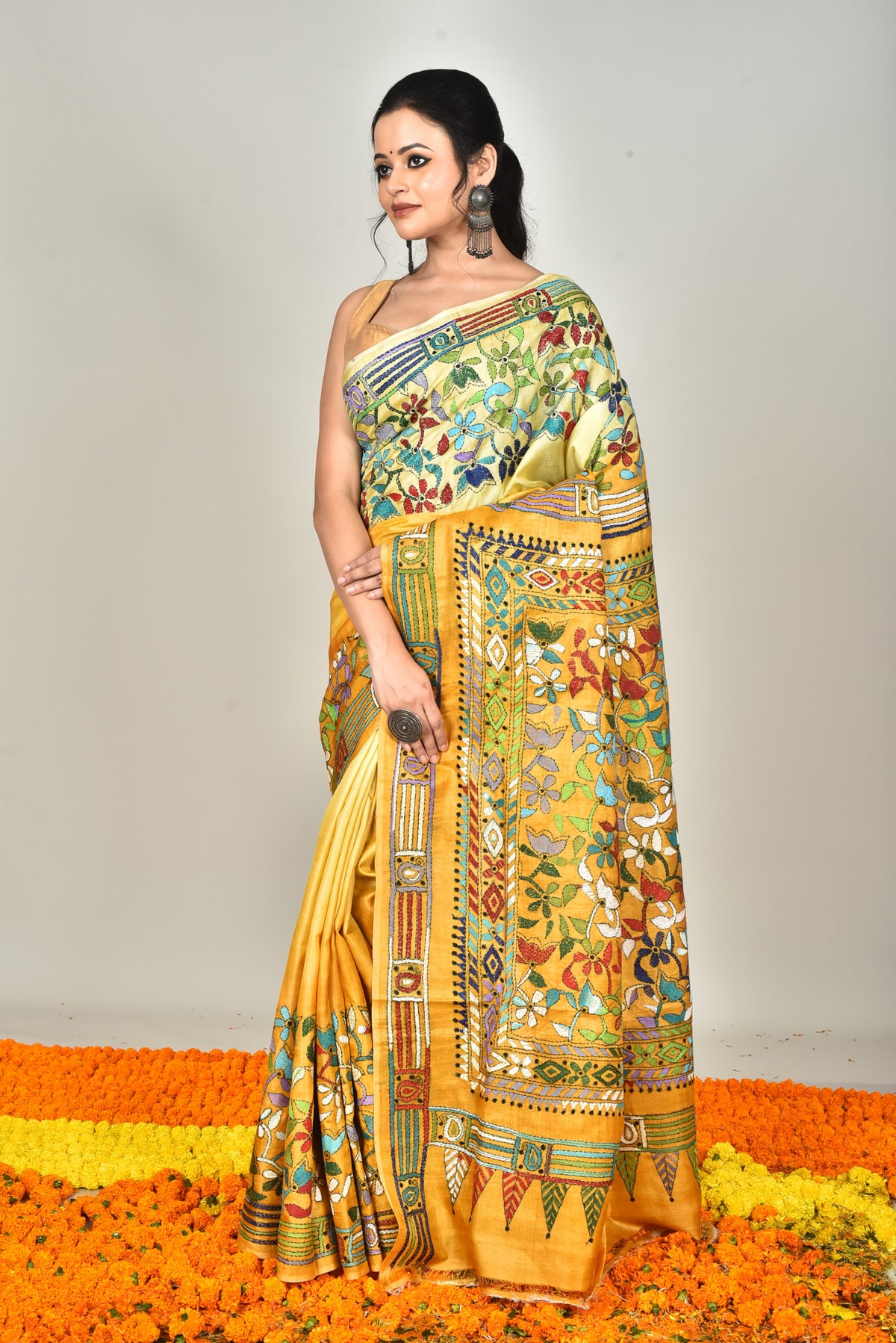 BANGALORE SILK BATIK KANTHA SAREE