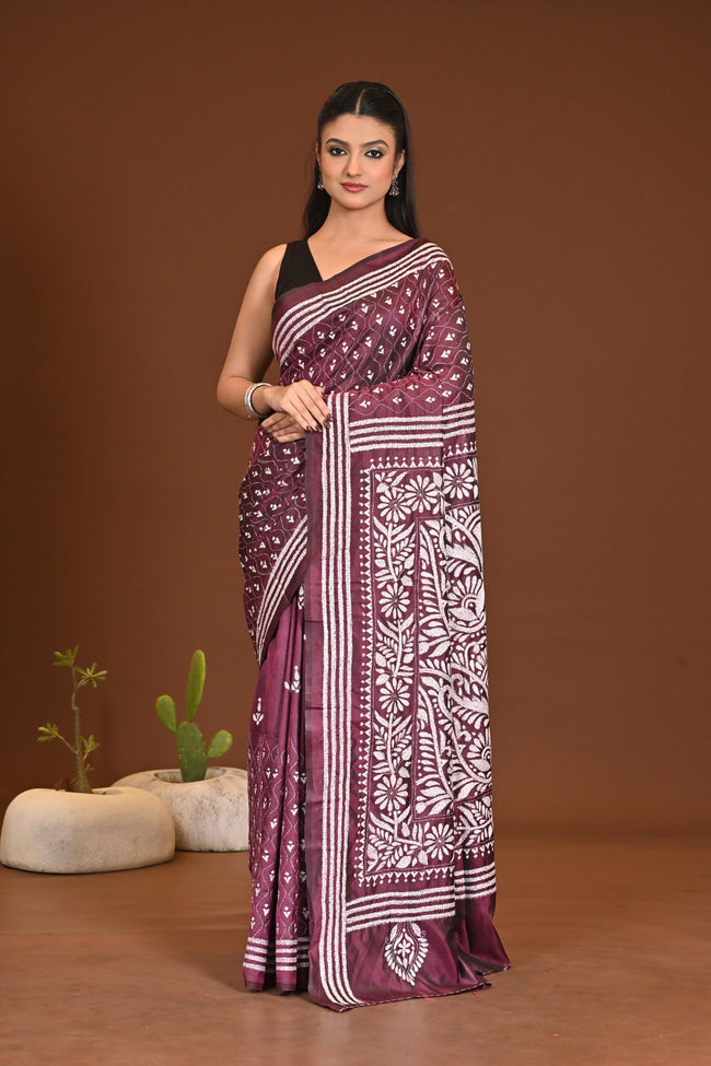 Blended Silk Kantha Stitch Saree Chocolate Tuffle