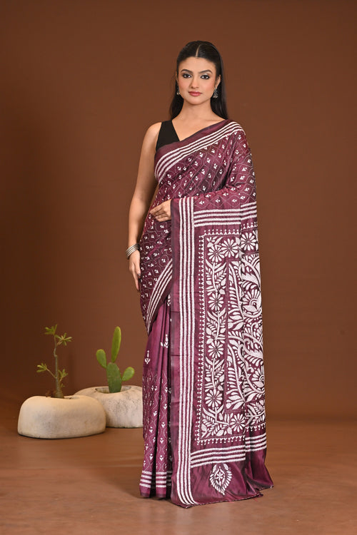 Blended Silk Kantha Stitch Saree Chocolate Tuffle
