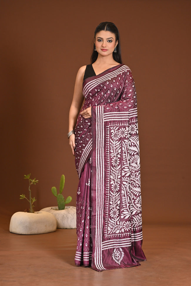 Blended Silk Kantha Stitch Saree Chocolate Tuffle