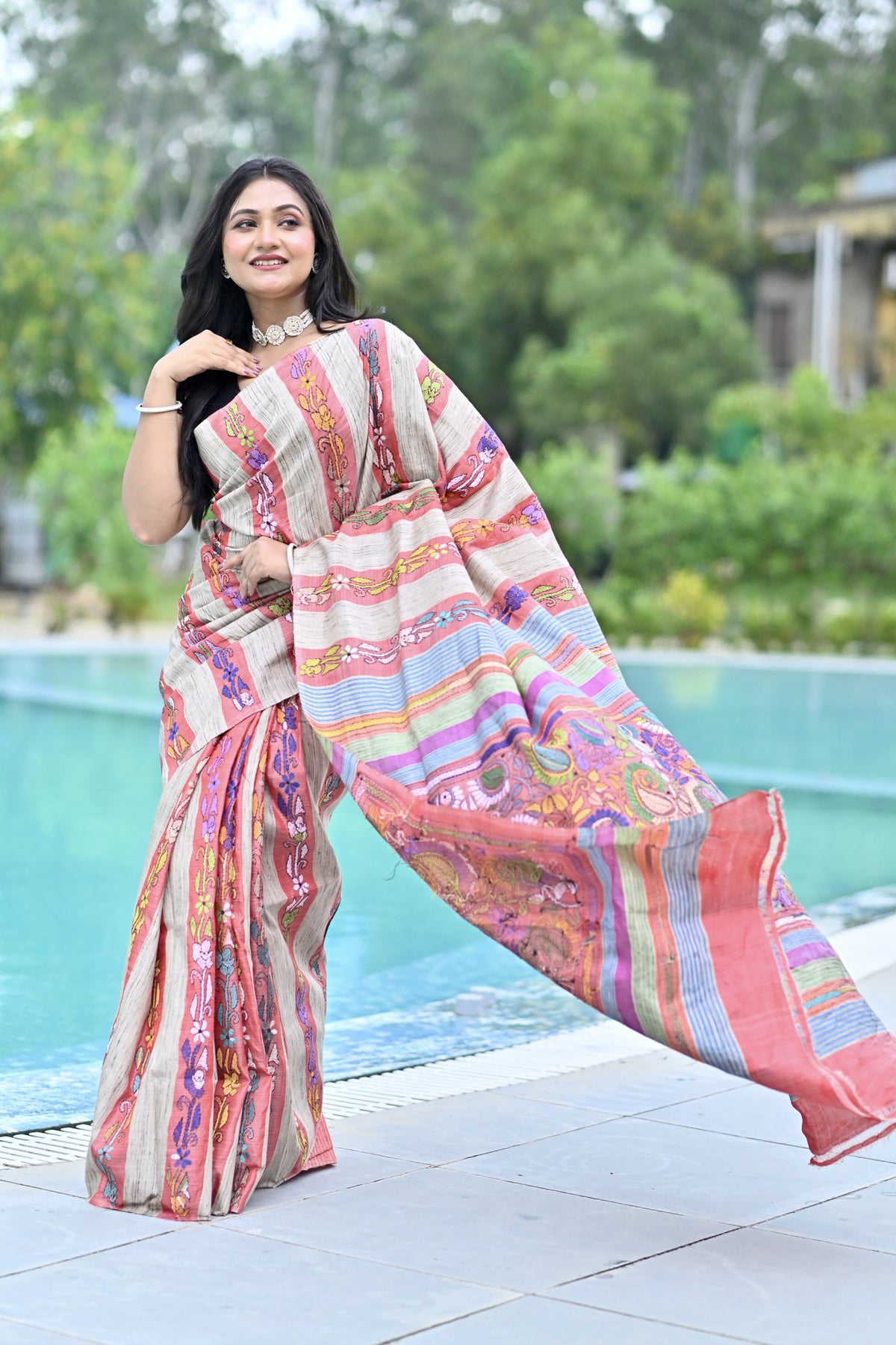 RUDRANI GHICHA STRIPE KANTHA SAREE