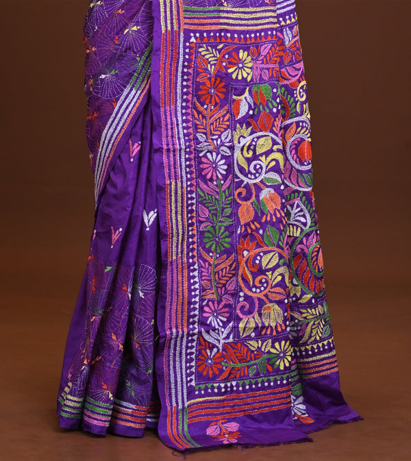 Blended Silk Kantha Stitch Saree Purple