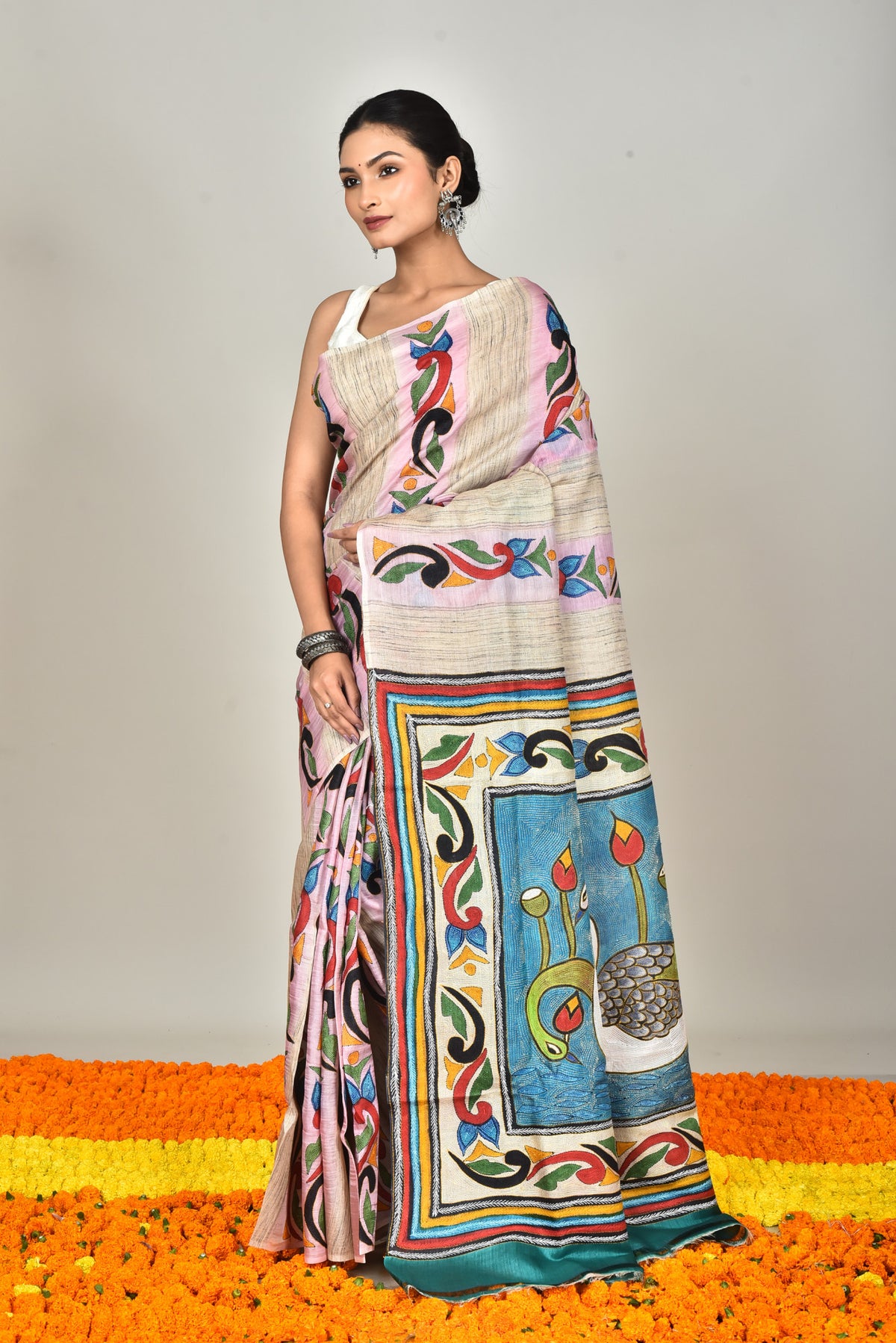 GACHI TUSSAR HANDPRINT JARI SAREE