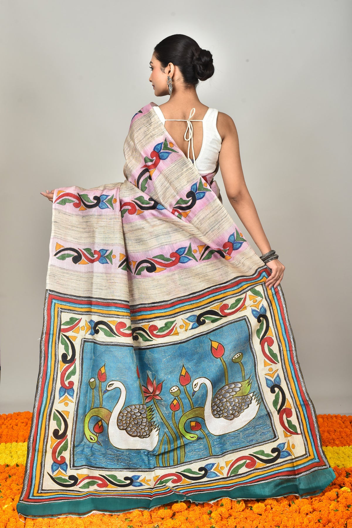 GACHI TUSSAR HANDPRINT JARI SAREE