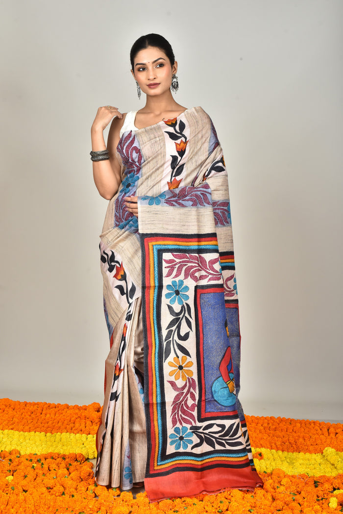 GACHI TUSSAR HANDPRINT JARI SAREE