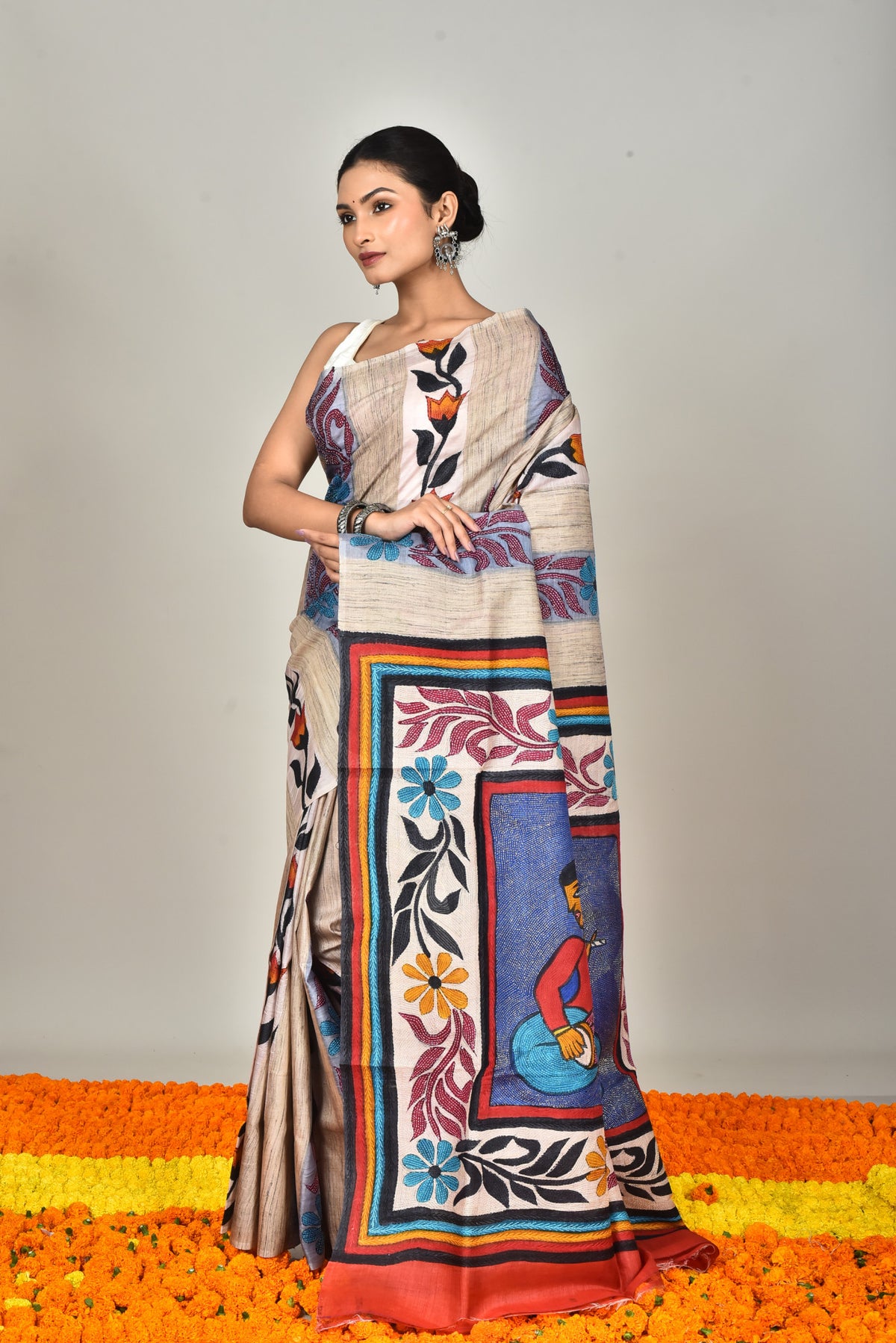 GACHI TUSSAR HANDPRINT JARI SAREE