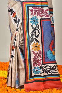 GACHI TUSSAR HANDPRINT JARI SAREE