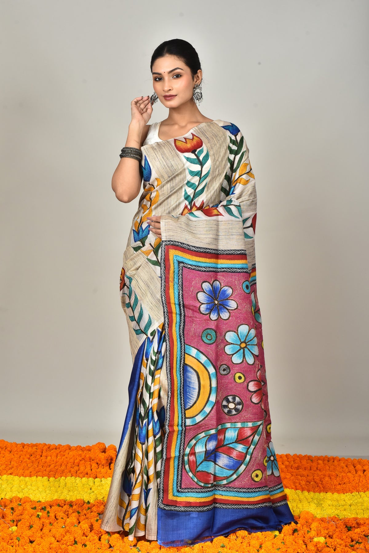 GACHI TUSSAR HANDPRINT JARI SAREE
