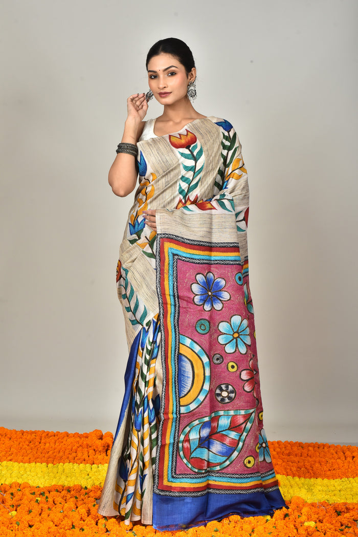 GACHI TUSSAR HANDPRINT JARI SAREE