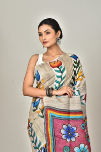 GACHI TUSSAR HANDPRINT JARI SAREE