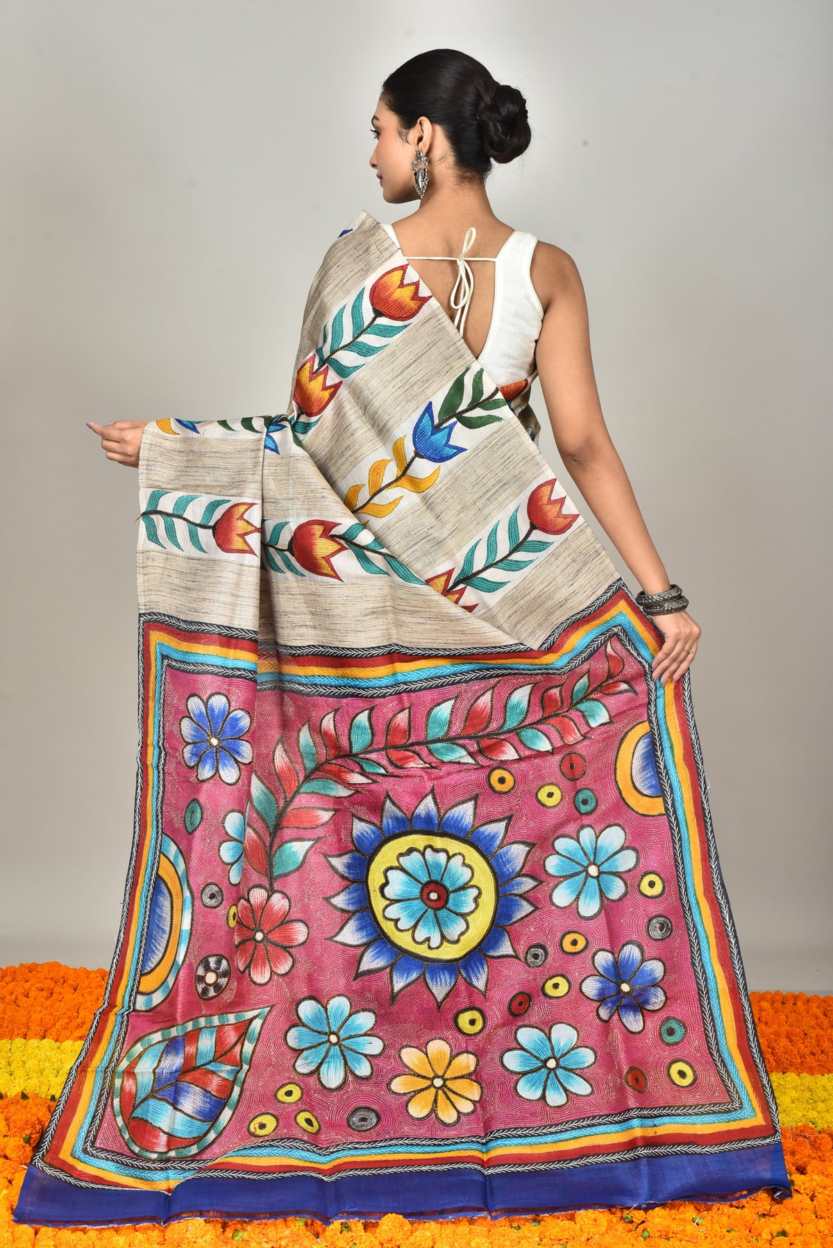 GACHI TUSSAR HANDPRINT JARI SAREE