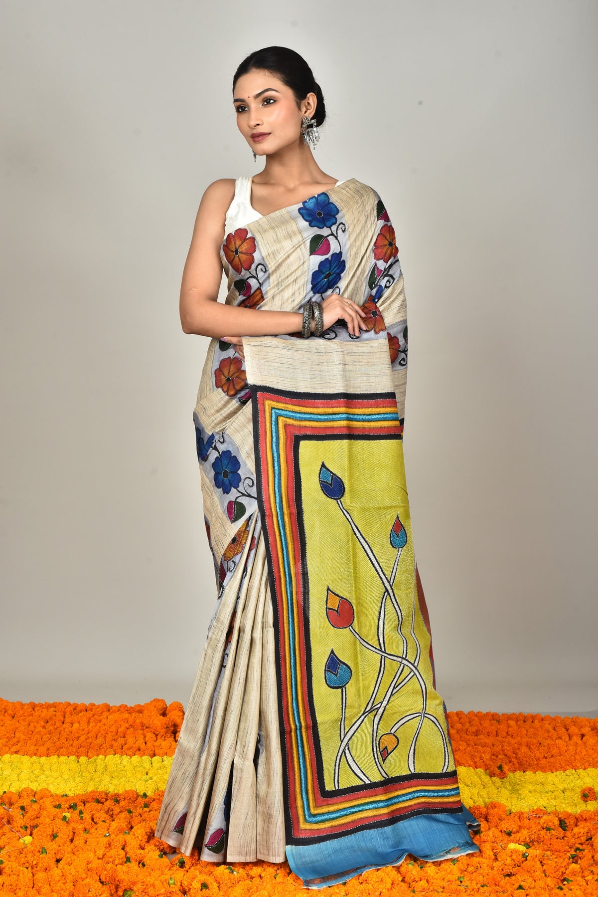 GACHI TUSSAR HANDPRINT JARI SAREE