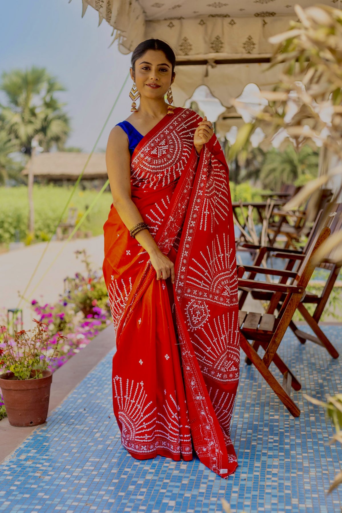Blended Silk Gujrati Stitch Kantha Saree