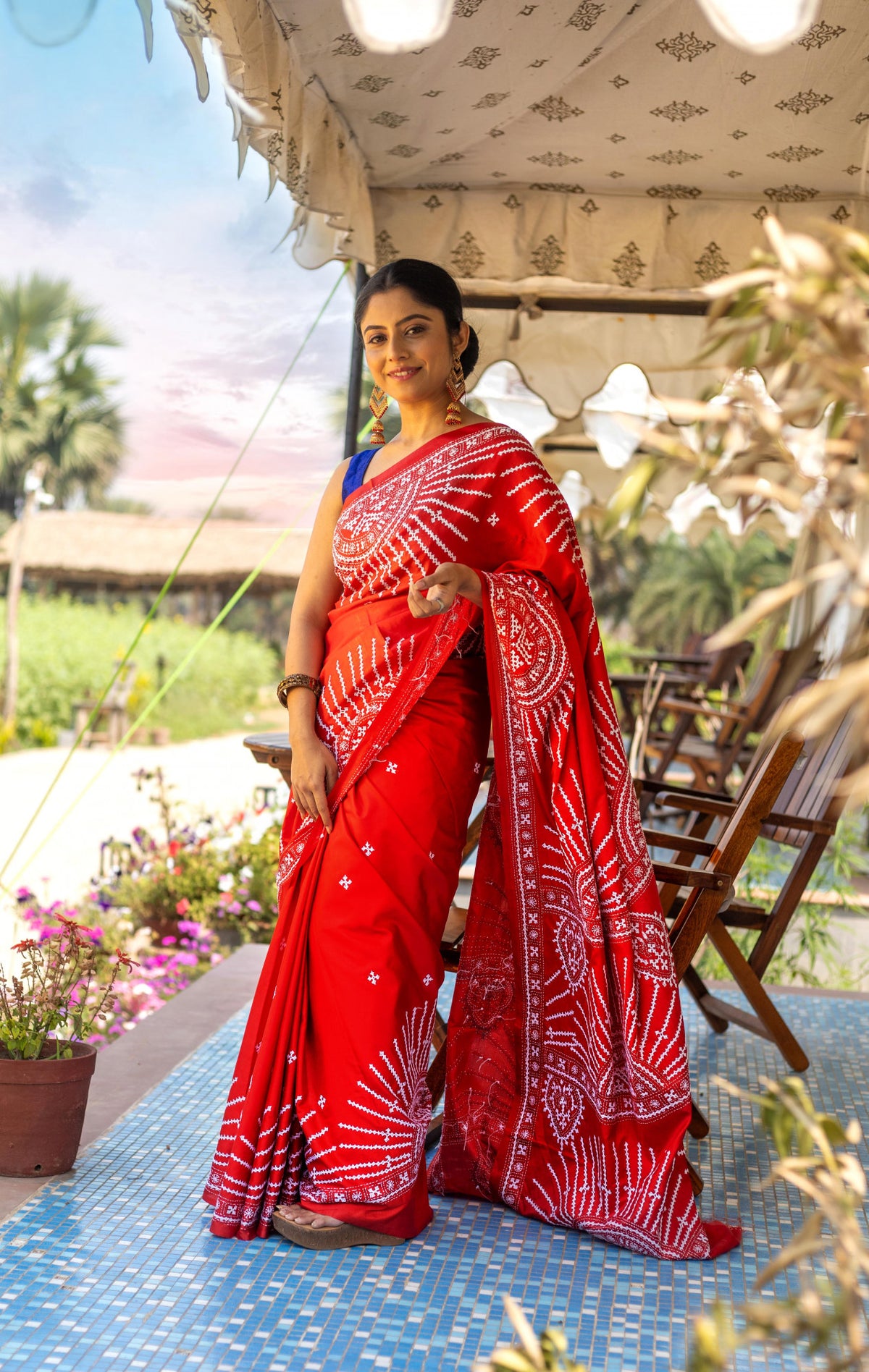 Blended Silk Gujrati Stitch Kantha Saree