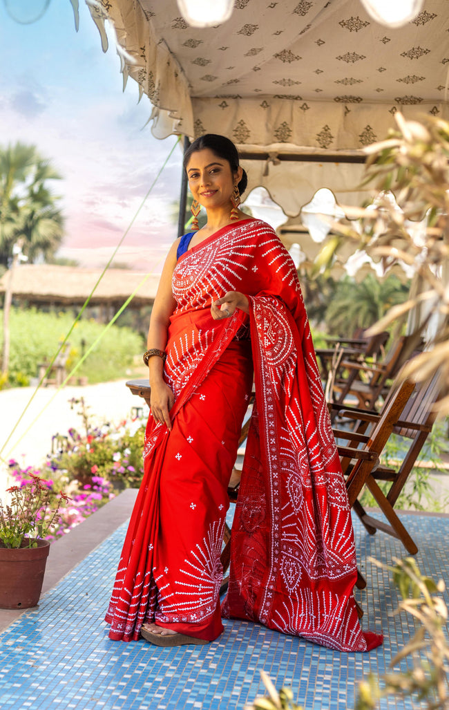Blended Silk Gujrati Stitch Kantha Saree