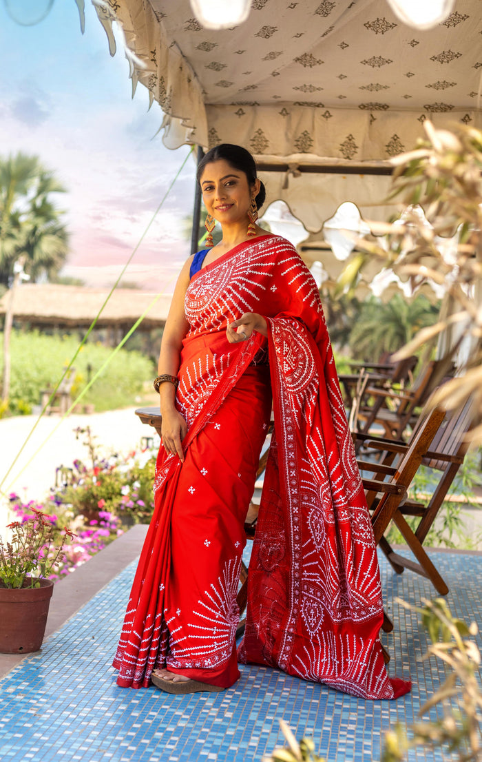 Blended Silk Gujrati Stitch Kantha Saree
