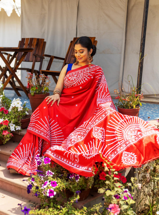 Blended Silk Gujrati Stitch Kantha Saree