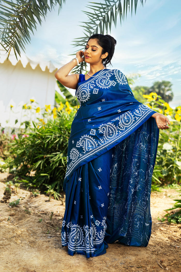 Blended Silk Gujrati Stitch Kantha Saree
