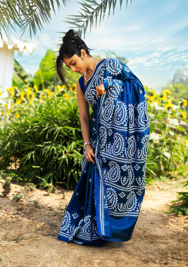 Blended Silk Gujrati Stitch Kantha Saree