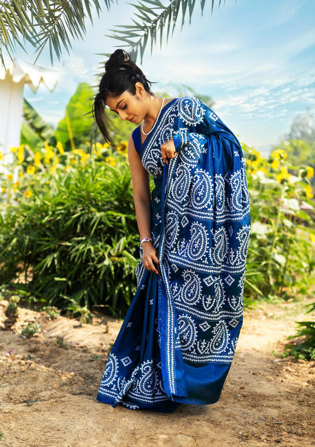 Blended Silk Gujrati Stitch Kantha Saree