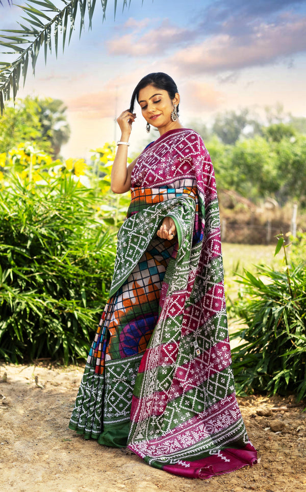 Tussar Fusion Gujrati Stitch Kantha Saree
