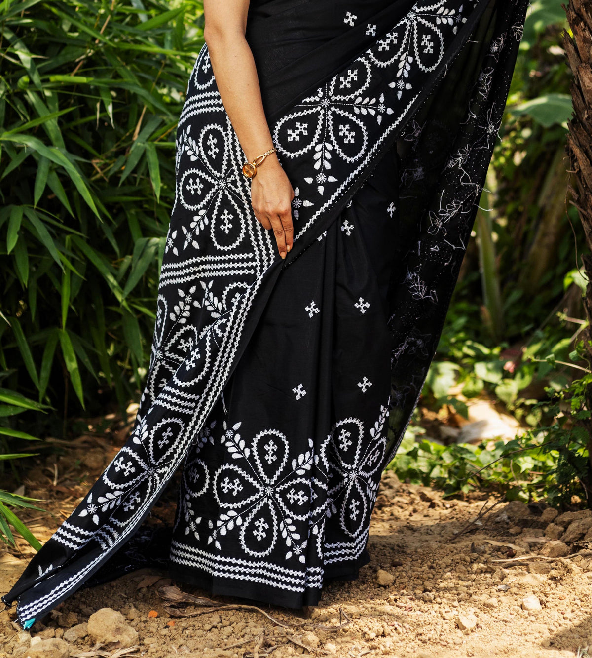Blended Silk Gujrati Stitch Kantha Saree