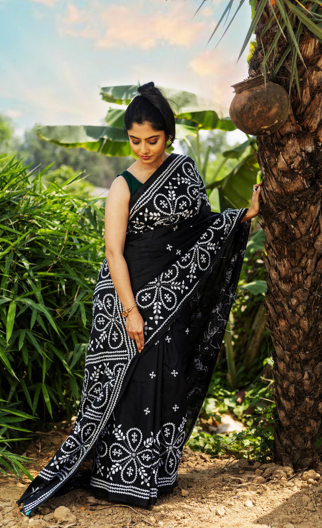 Blended Silk Gujrati Stitch Kantha Saree