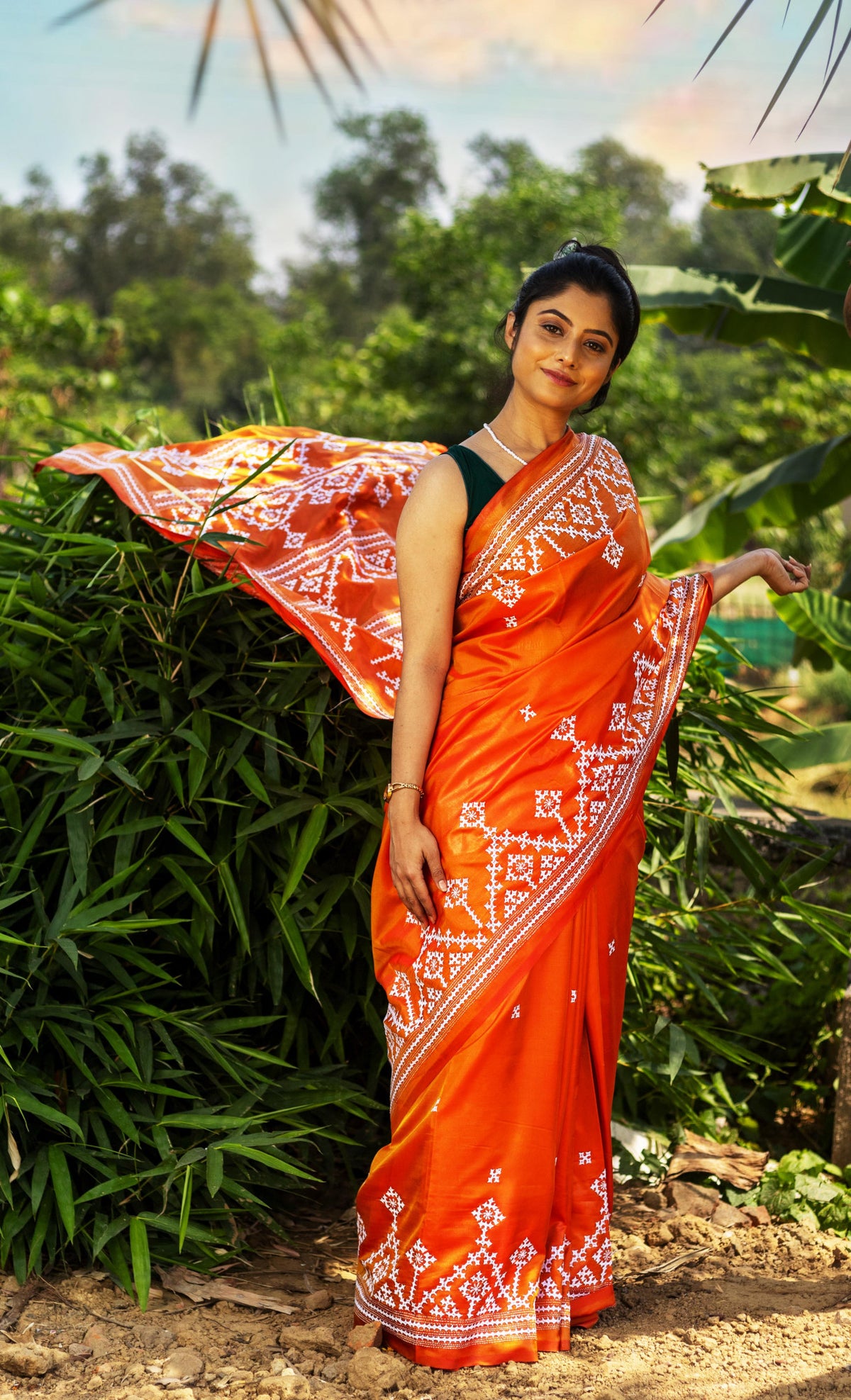 Blended Silk Gujrati Stitch Kantha Saree