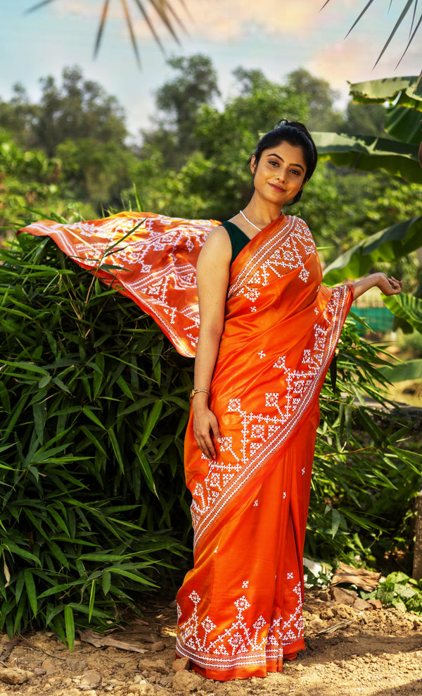 Blended Silk Gujrati Stitch Kantha Saree