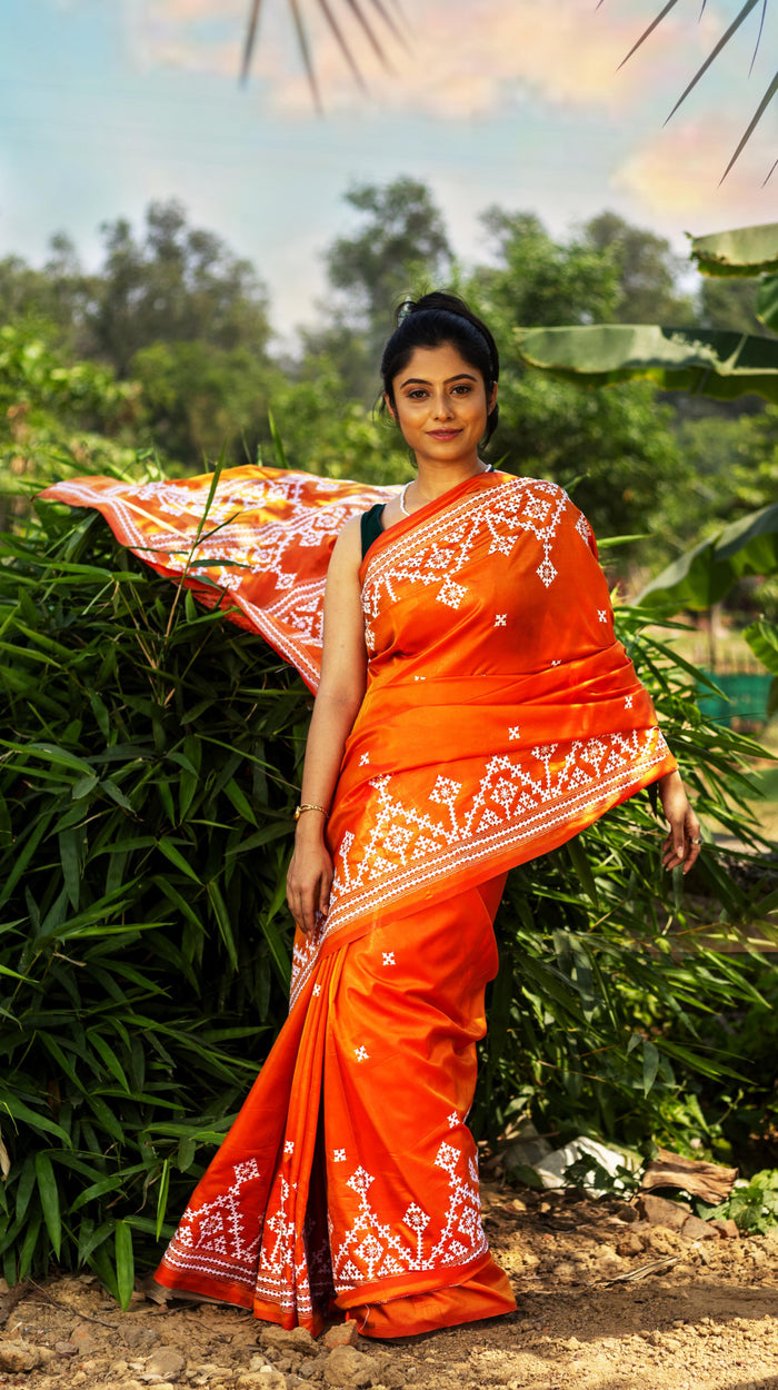Blended Silk Gujrati Stitch Kantha Saree