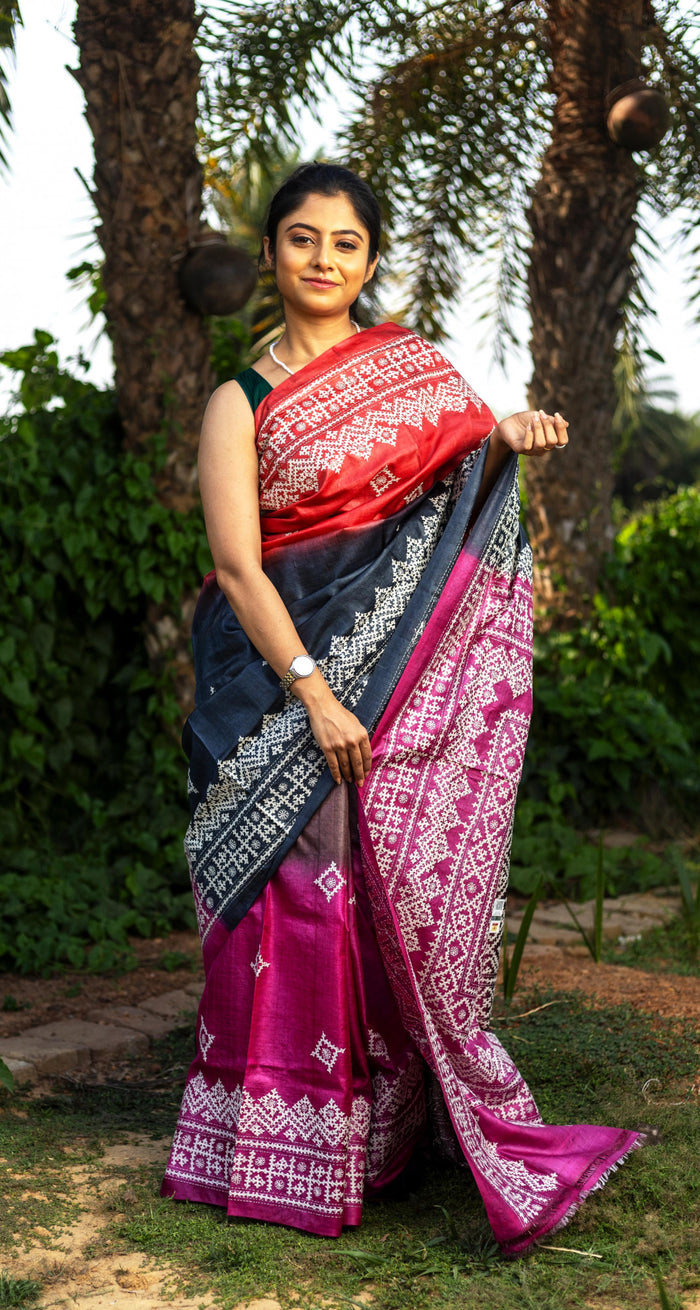 Gachi Silk Gujrati Stitch Kantha Saree