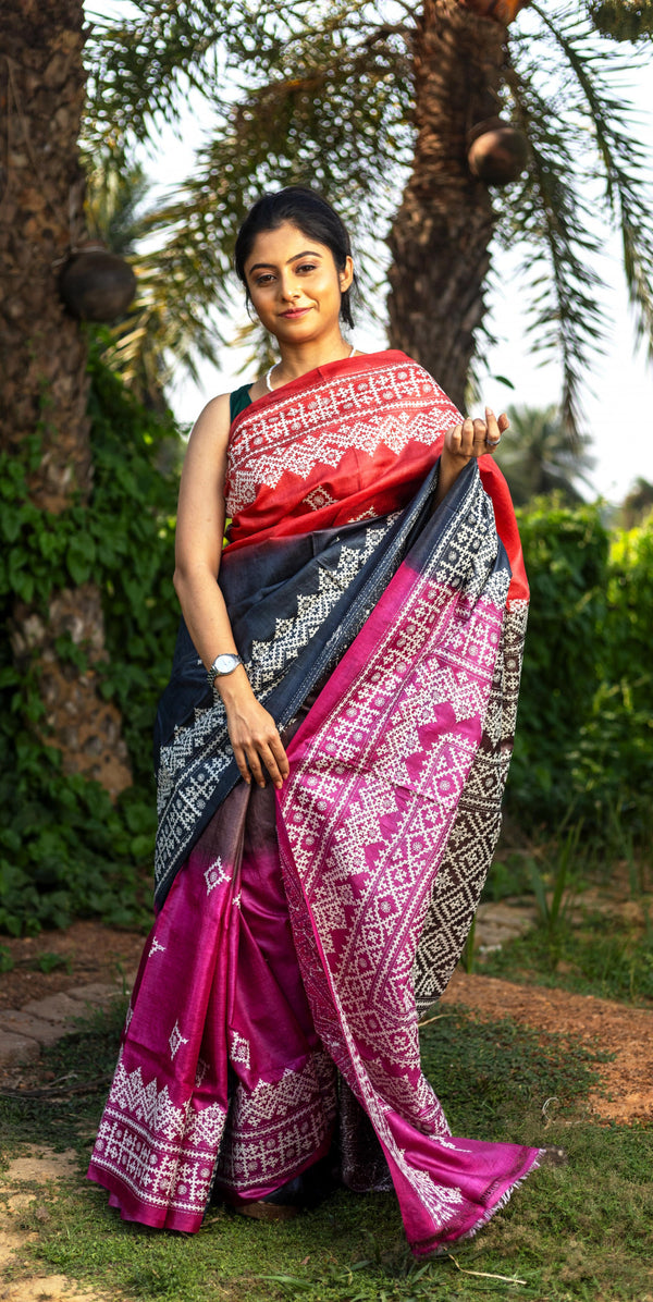 Gachi Silk Gujrati Stitch Kantha Saree