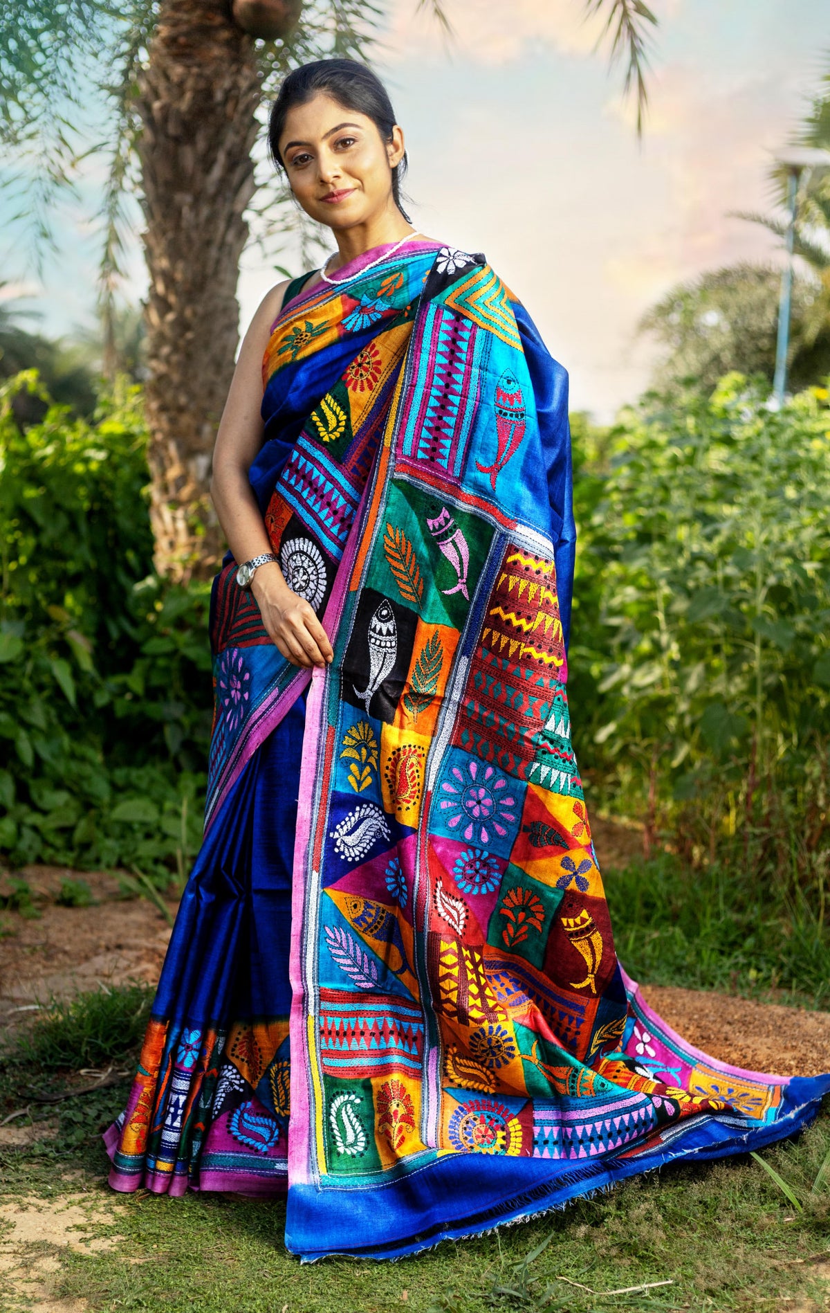 Tussar Hand Print Dye Kantha Saree