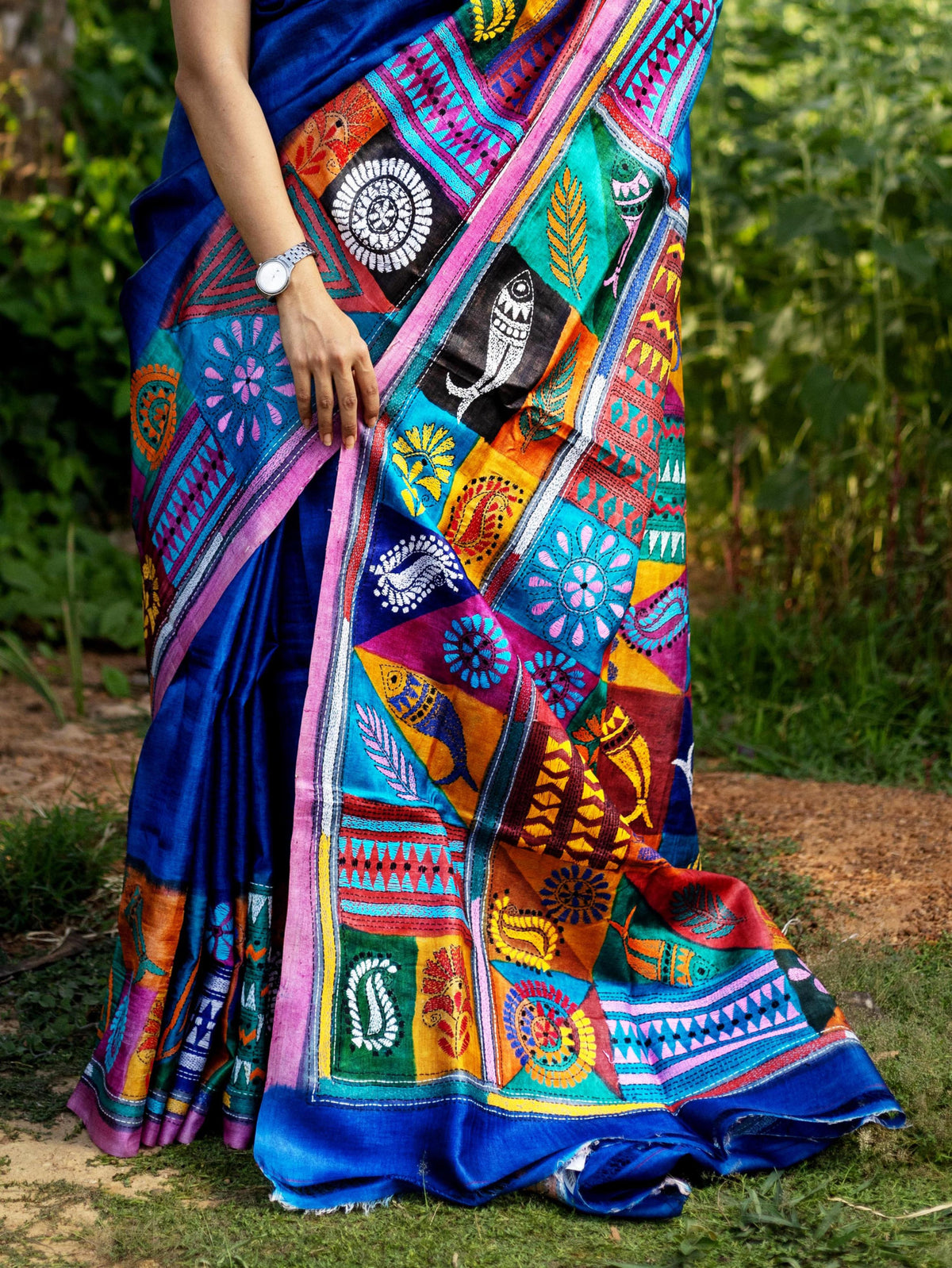 Tussar Hand Print Dye Kantha Saree