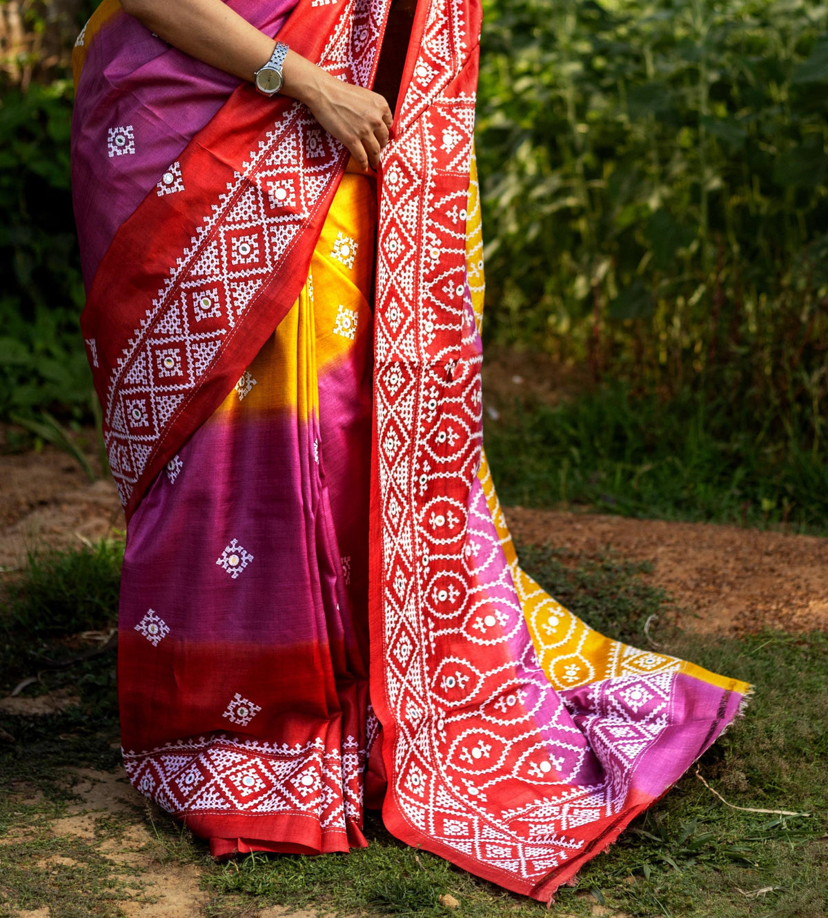 Tussar Diy Gujrati Stitch Kantha Saree