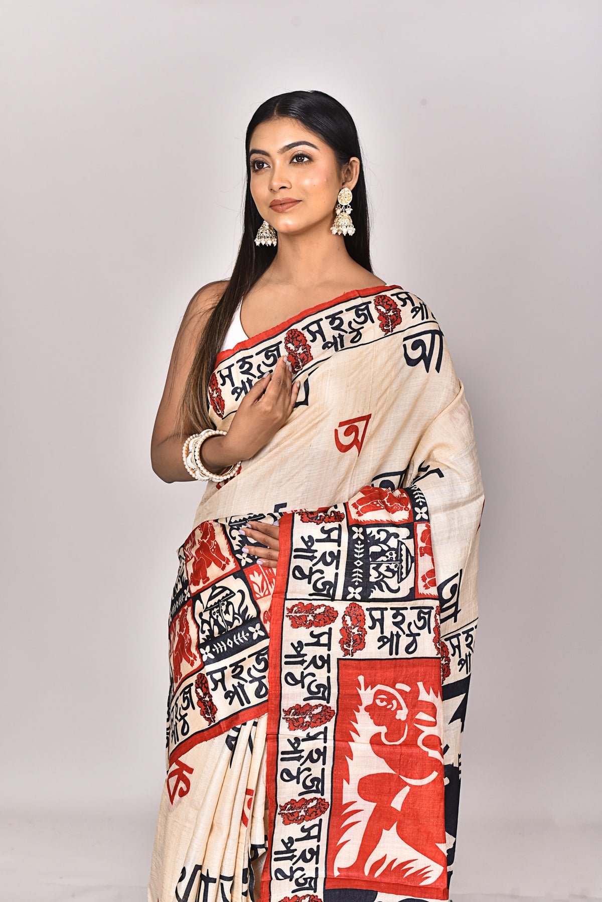 JARI TUSSAR HANDBLOCK SAREE