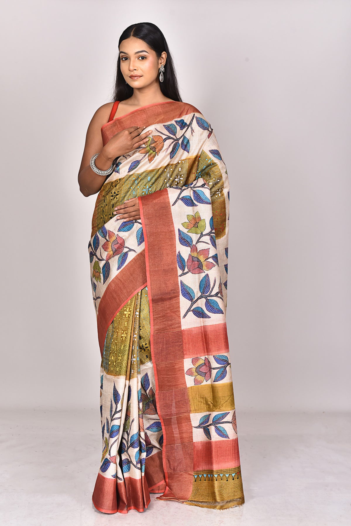 JARI TUSSAR HANDPRINT KANTHA SAREE
