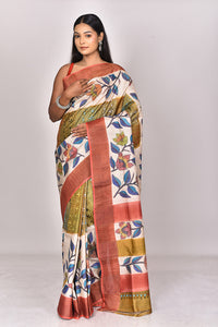 JARI TUSSAR HANDPRINT KANTHA SAREE