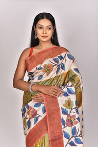 JARI TUSSAR HANDPRINT KANTHA SAREE