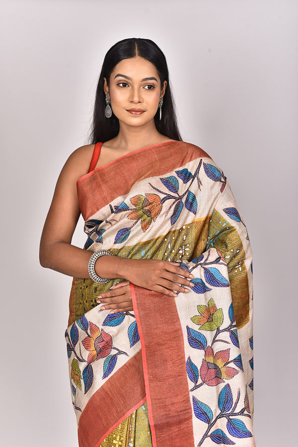 JARI TUSSAR HANDPRINT KANTHA SAREE