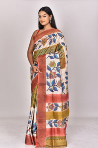JARI TUSSAR HANDPRINT KANTHA SAREE