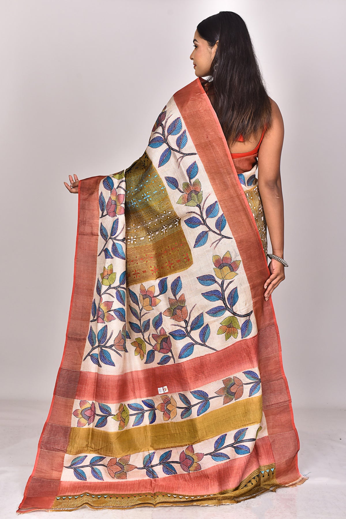 JARI TUSSAR HANDPRINT KANTHA SAREE