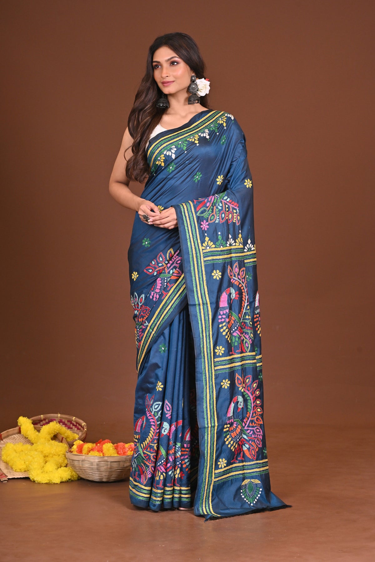 NEELPAKHI BLENDED SILK KANTHA SAREE