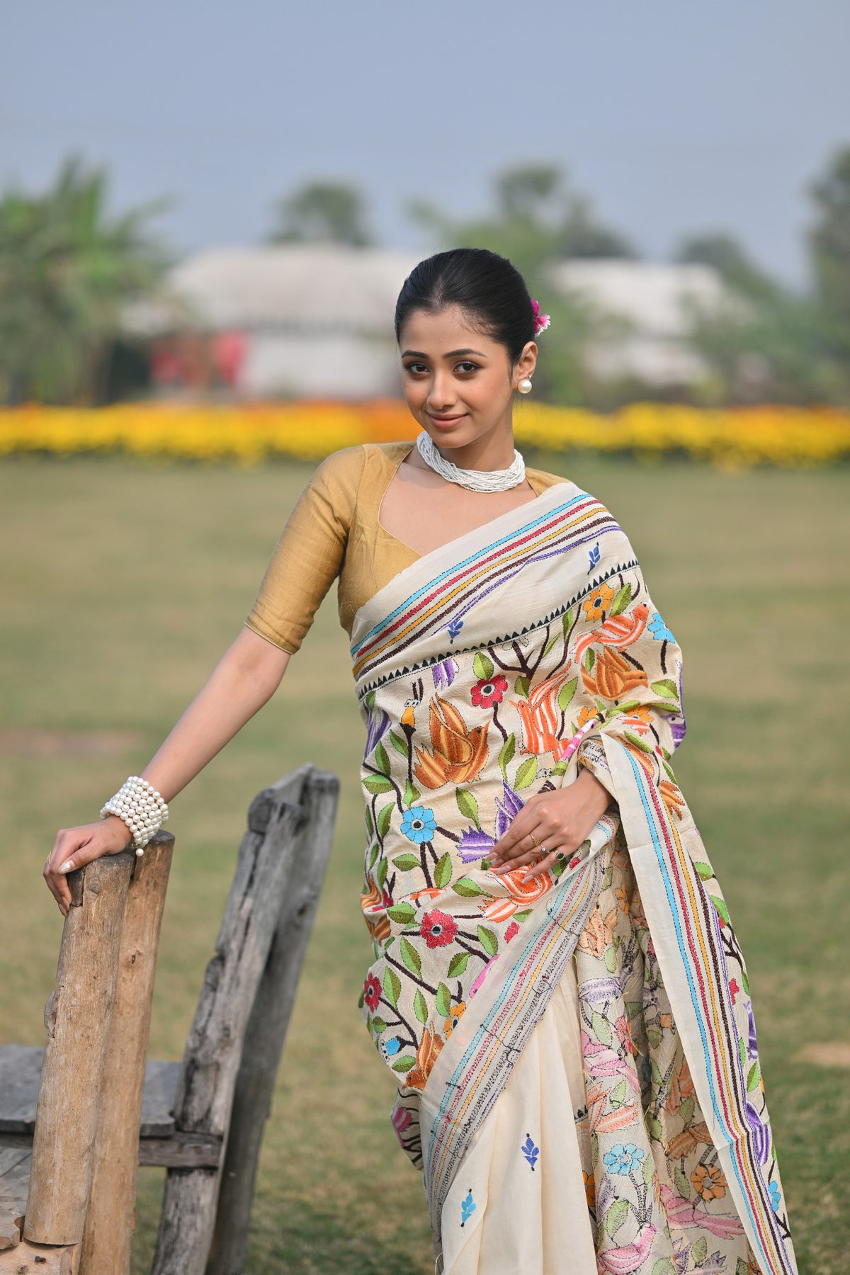 Pure Silk Kantha Stitch Saree